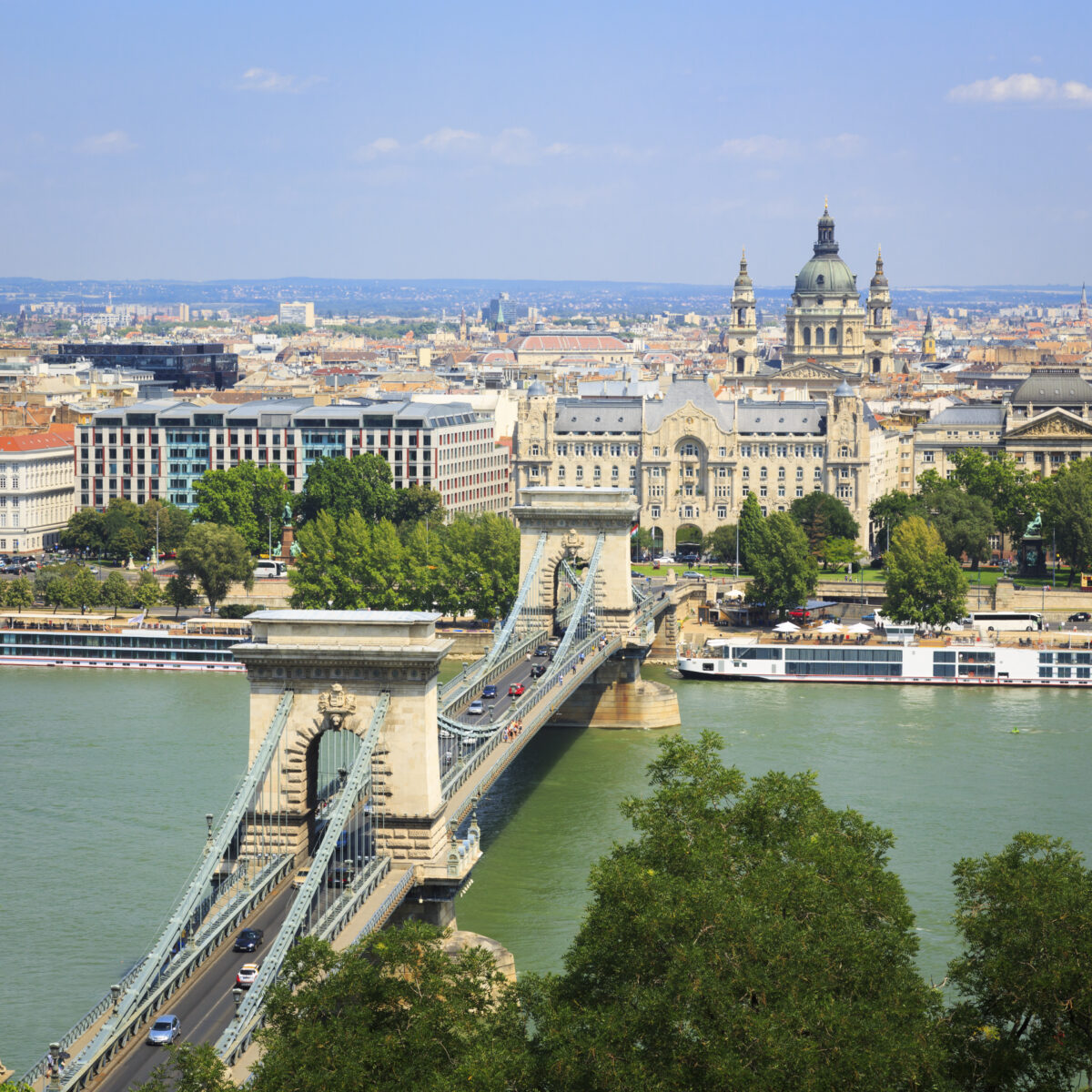 Chain Bridge spanning the Danube River with Budapest city skyline in the background